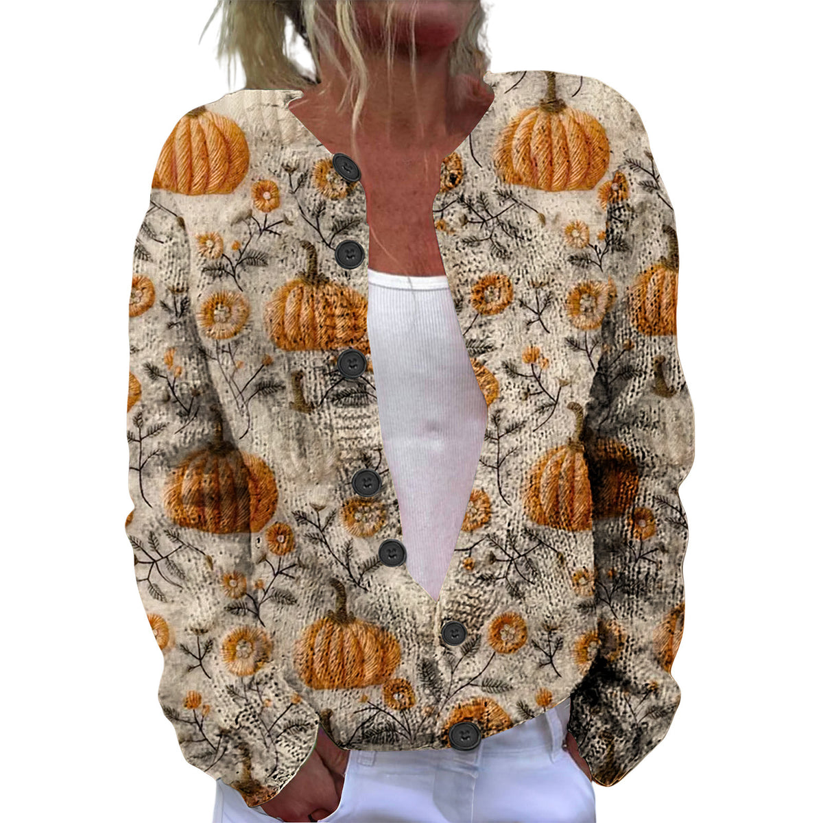 Ll-Yk1 Halloween Cardigan Round Neck Long-Sleeved 3D Printed Sweater European and American Cross-Border Casual Women's Clothing Amazon Theme