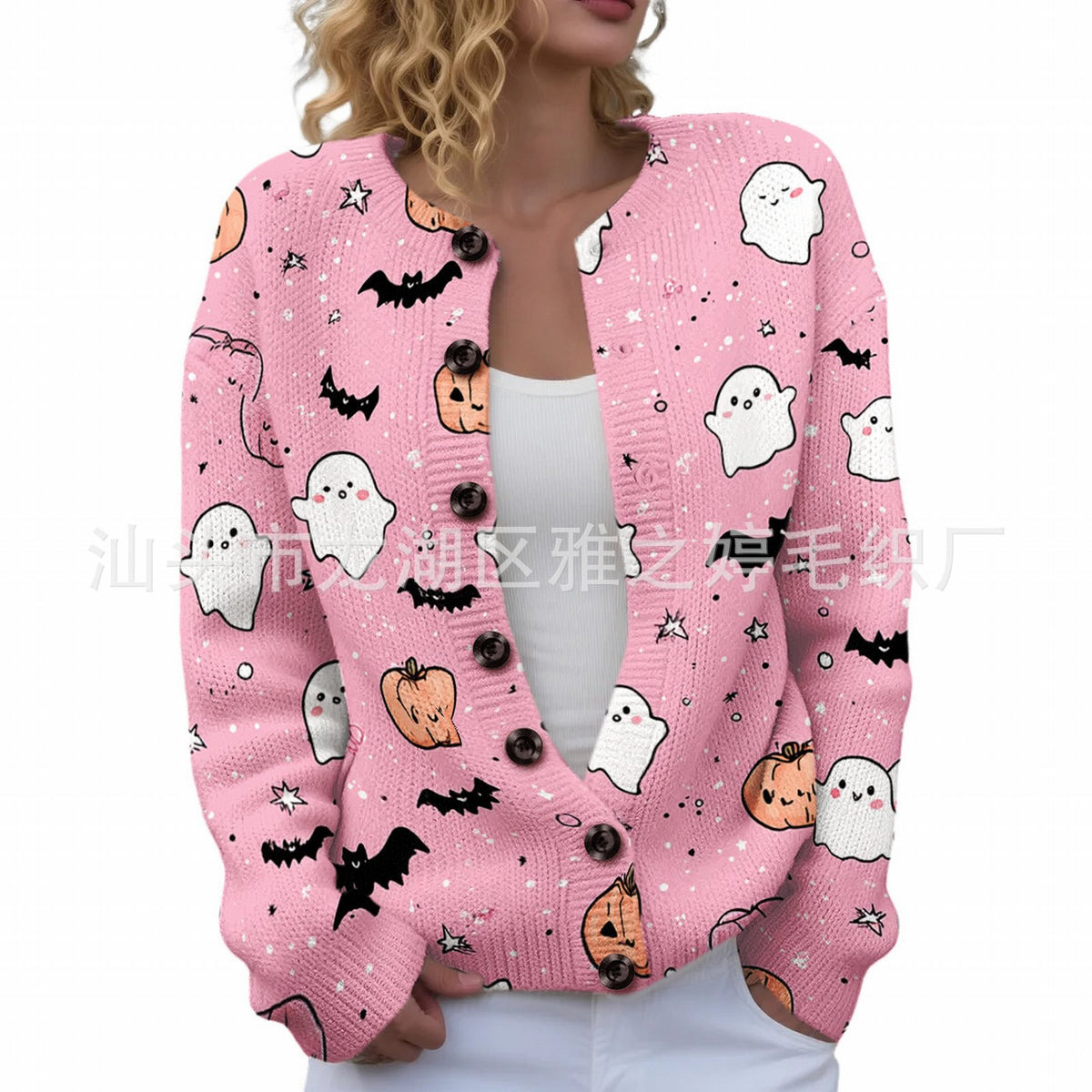 Ll-Yk1 Halloween Cardigan Round Neck Long-Sleeved 3D Printed Sweater European and American Cross-Border Casual Women's Clothing Amazon Theme