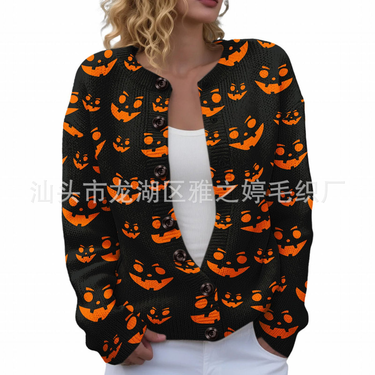 Ll-Yk1 Halloween Cardigan Round Neck Long-Sleeved 3D Printed Sweater European and American Cross-Border Casual Women's Clothing Amazon Theme