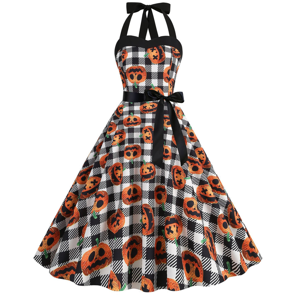 Factory direct supply 2024 Halloween new Hepburn style high waist slim hanging neck large swing long retro dress