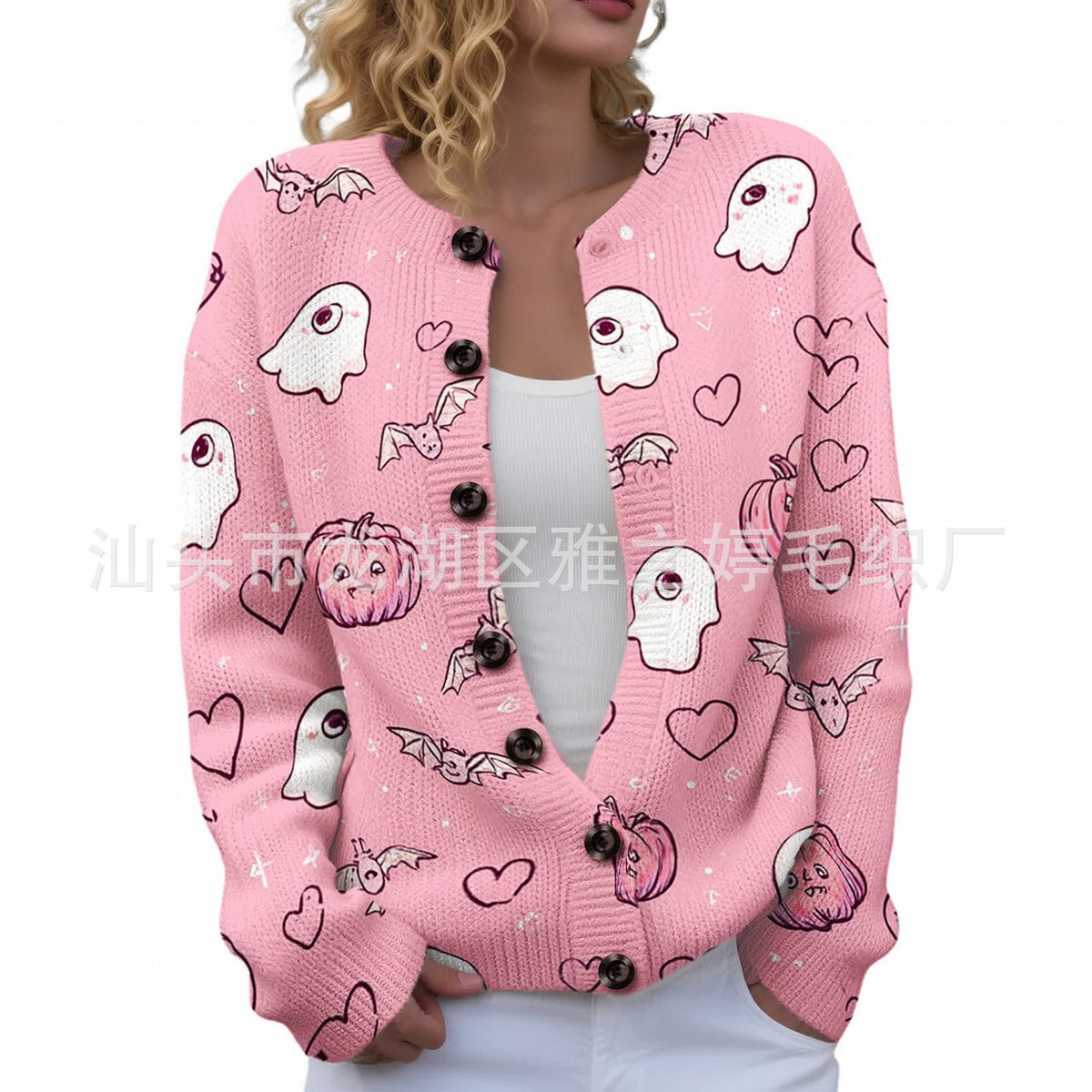 Ll-Yk1 Halloween Cardigan Round Neck Long-Sleeved 3D Printed Sweater European and American Cross-Border Casual Women's Clothing Amazon Theme