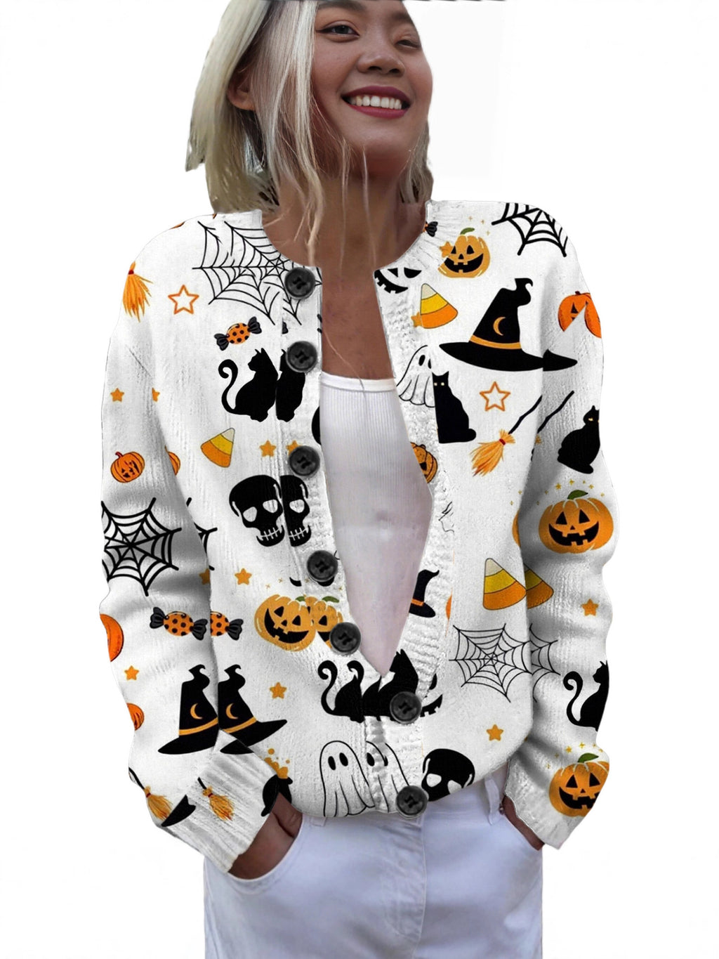 Ll-Yk1 Halloween Cardigan Round Neck Long-Sleeved 3D Printed Sweater European and American Cross-Border Casual Women's Clothing Amazon Theme