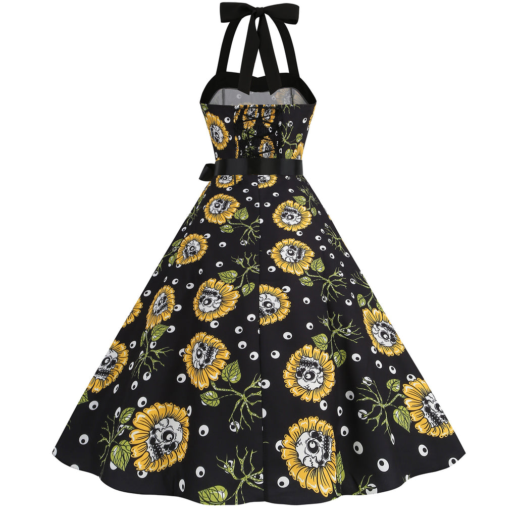 Factory direct supply 2024 Halloween new Hepburn style high waist slim hanging neck large swing long retro dress
