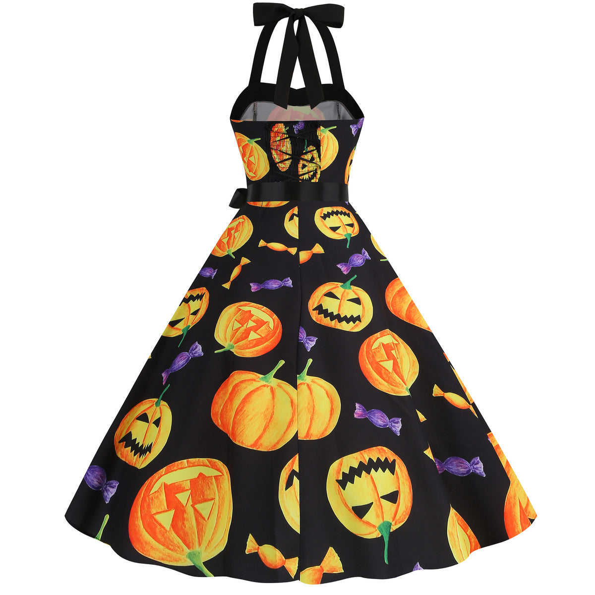 Factory direct supply 2024 Halloween new Hepburn style high waist slim hanging neck large swing long retro dress