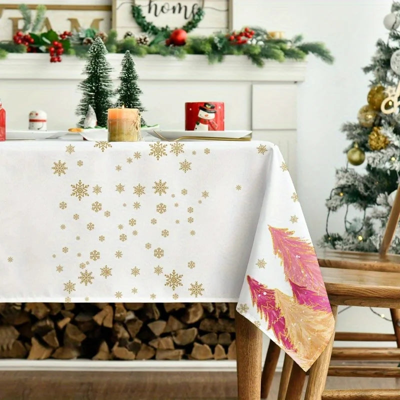 Christmas Pink Trees Golden Snowflakes Tablecloth for Table Decor Winter Xmas Kitchen Dining Table Cloth Christmas Decorations
