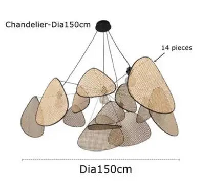 Hand-Woven Rattan Leaf Grid Chandelier E27 Wicker Pendant Lamp