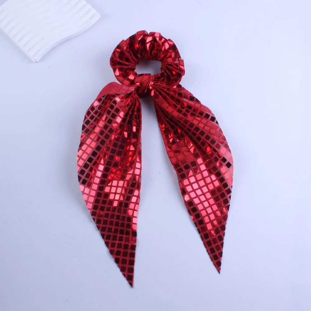 Glitter Sequin Bow Elastic Hair Bands with Ponytail Tie Scarf