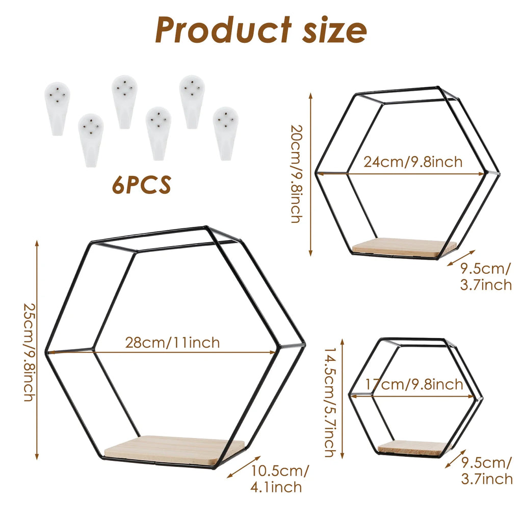 Set of 3 Hexagon Floating Wall Shelves