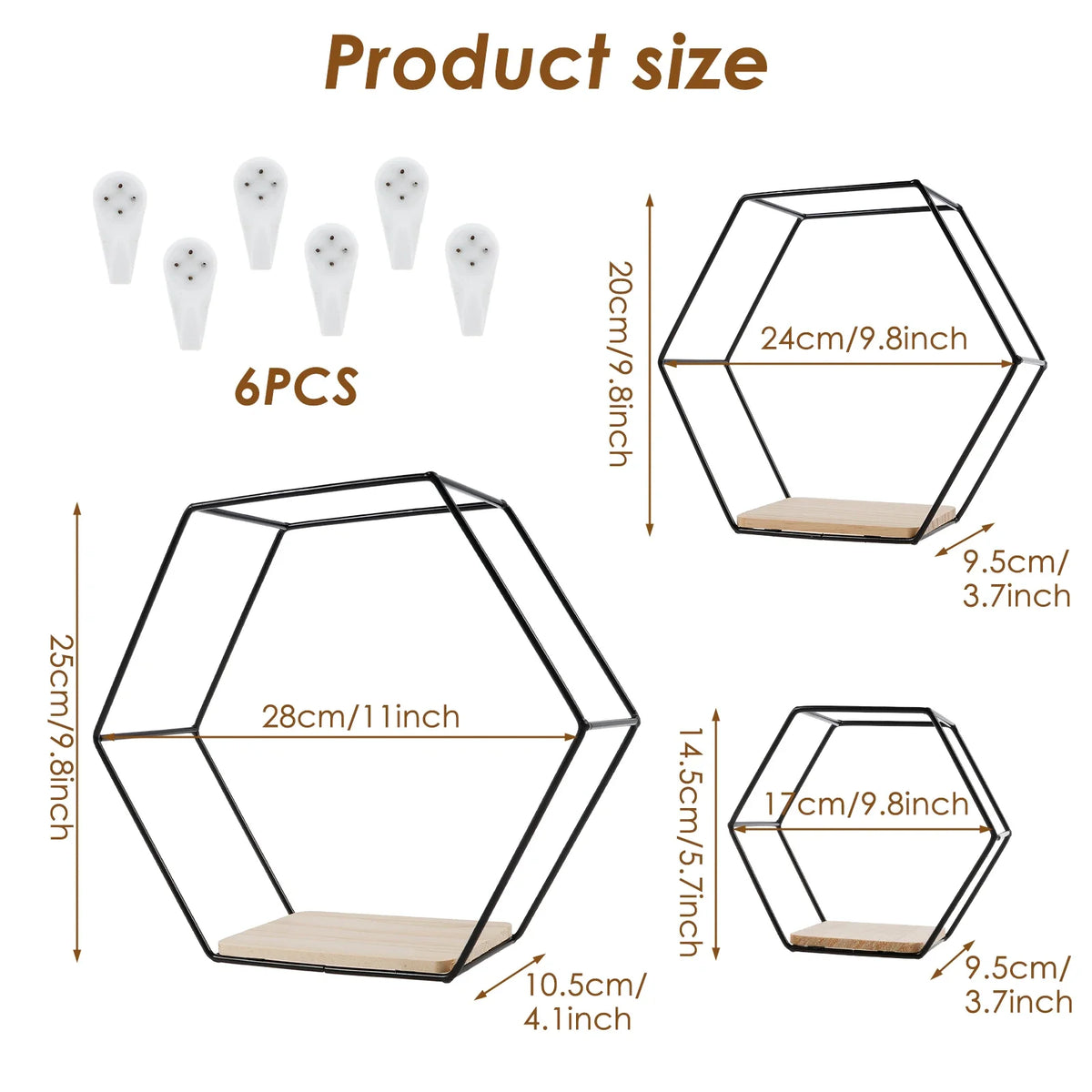 Set of 3 Hexagon Floating Wall Shelves