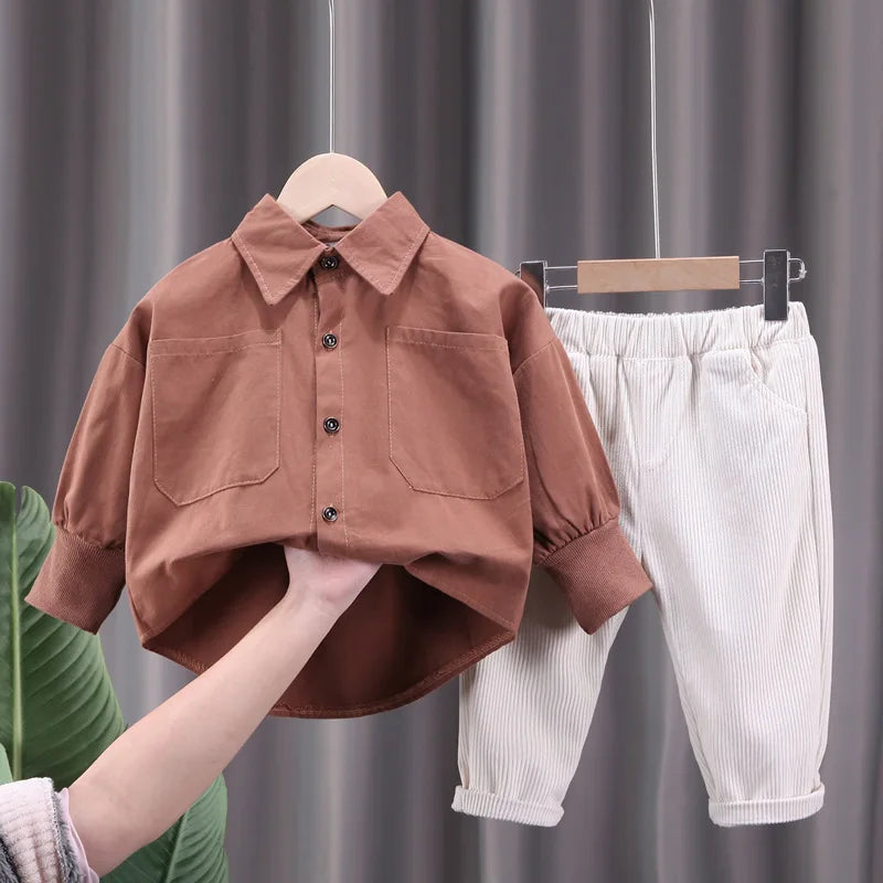 2-Piece Boys' Lapel Shirt and Corduroy Pants Clothing Set