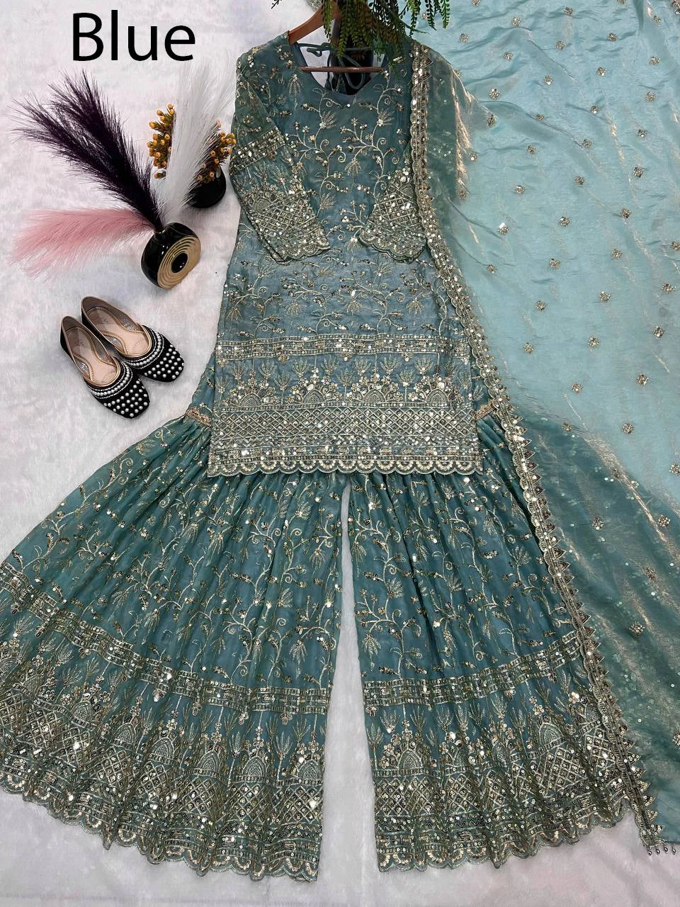 Modern Heavy Faux Georgette Fabric Indian Pakistani Ethnic Party Slim Fit Dress Designer Sharara Suit Palazzo Dupatta Ready Wear