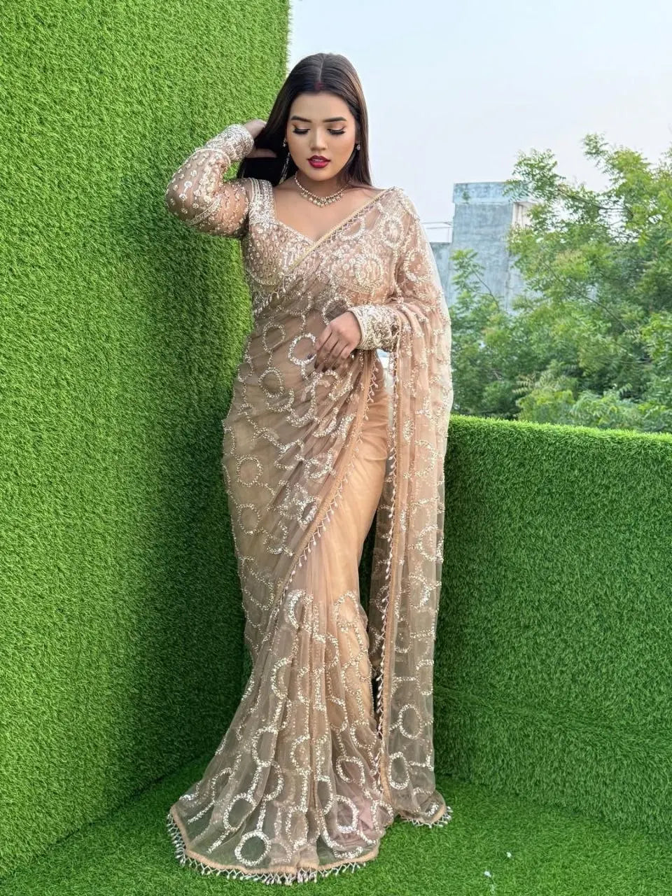 Indian Trending Beautifully Designed Saree Premium Georgette With Digital Print Sequence Work Saree for Party and Wedding Wear