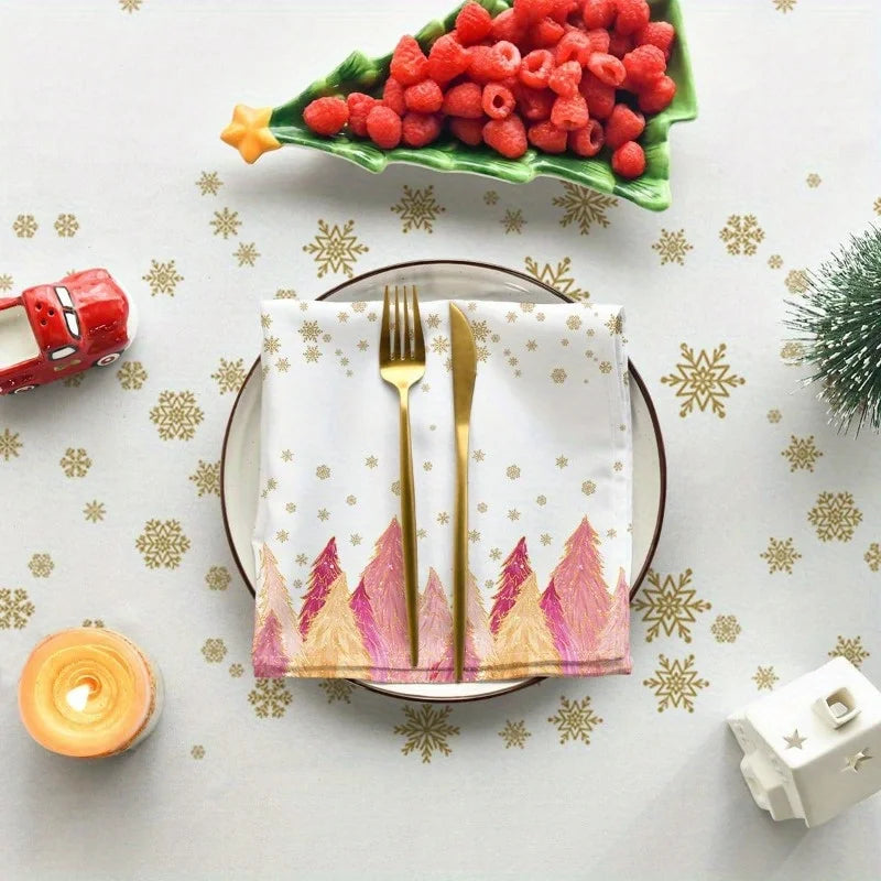 Christmas Pink Trees Golden Snowflakes Tablecloth for Table Decor Winter Xmas Kitchen Dining Table Cloth Christmas Decorations