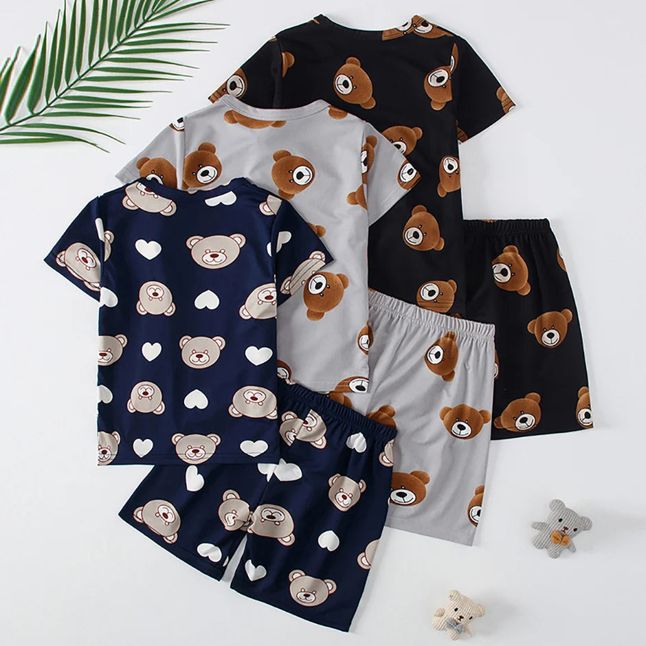 2-Piece Children's Cute Bear Print Fashion Suit Boy's Casual Fashion Round Neck Shirt Girl's Comfortable Wild Shorts Combination