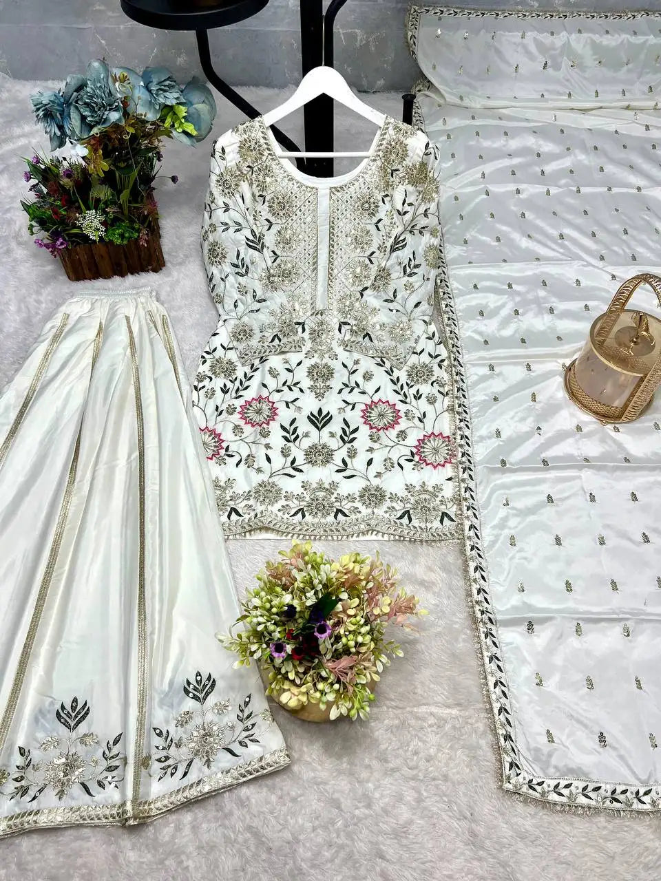 Designer Heavy Pakistani Sharara Suit Set Beautiful Chinon Silk Fabric with Sequence Work New Winter Festival Party Wear Design