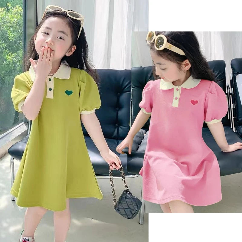 New Casual Teenagers Girls Dress Summer Princess Cartoon Heart Lapel Dresses For 2-12 Years Girl Children Birthday Present