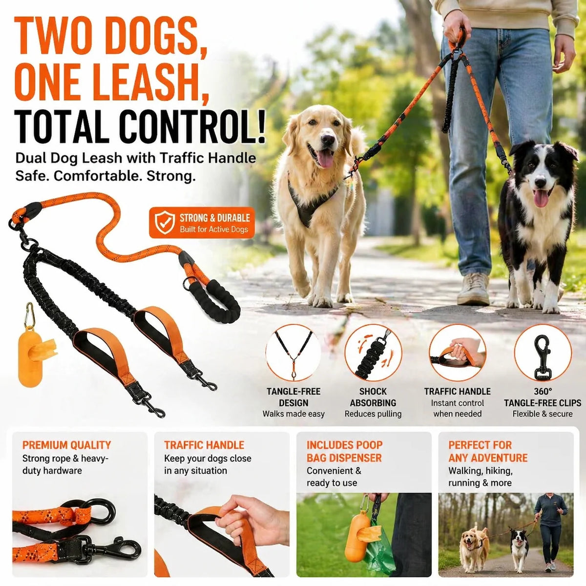 Reflective Shock-Absorbing Double Dog Leash with Tangle-Free 360° Rotation