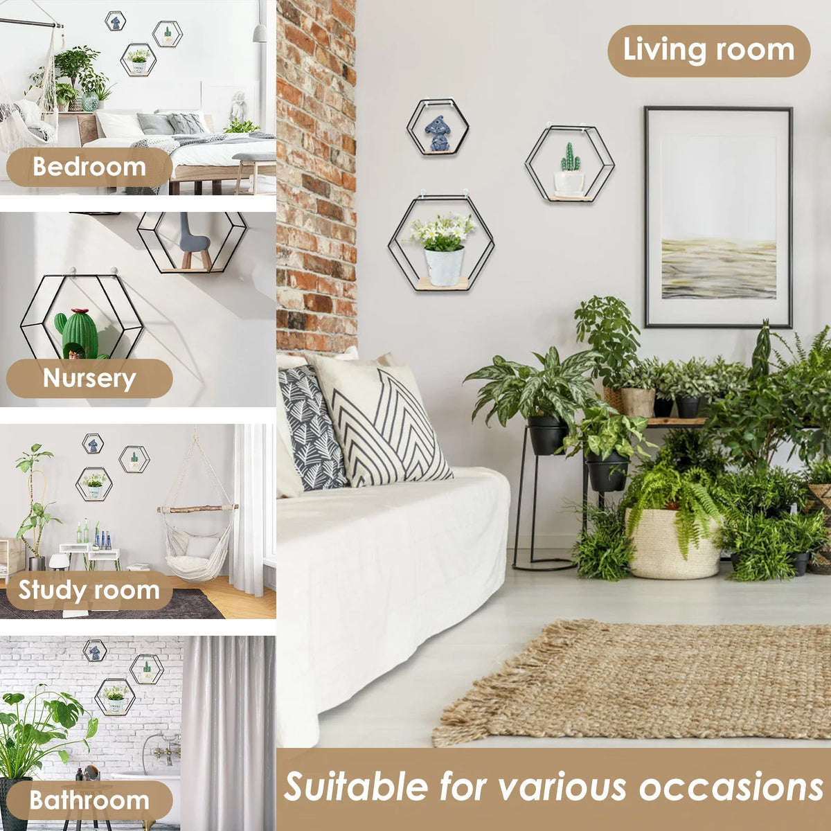Set of 3 Hexagon Floating Wall Shelves
