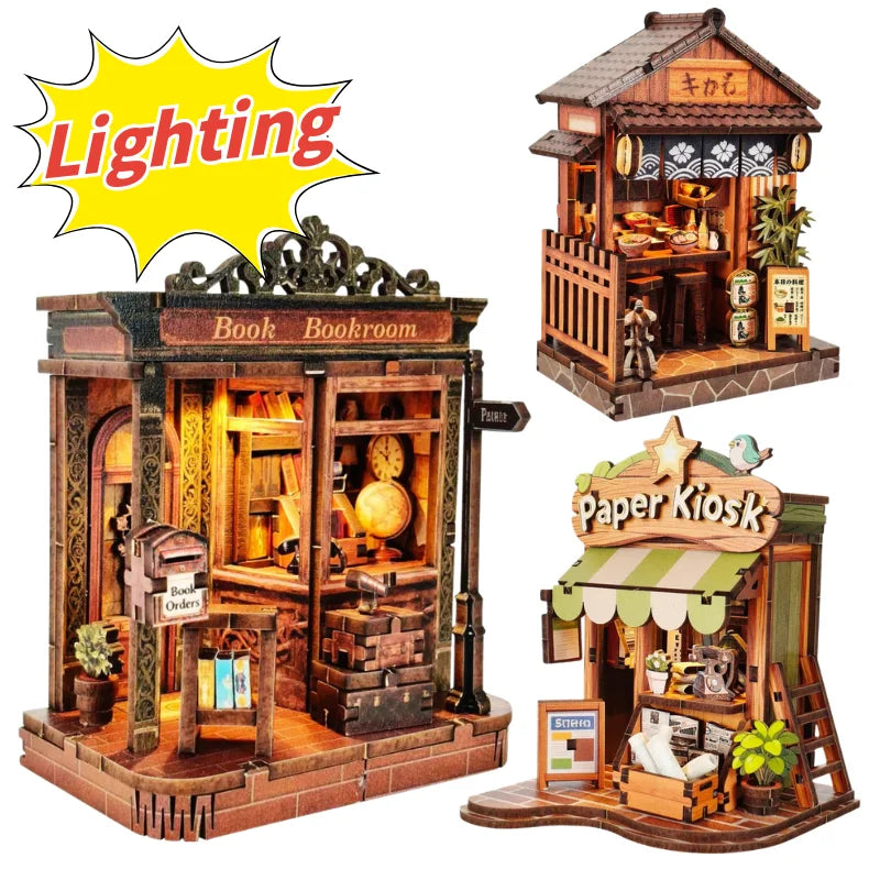 Creative Bookstore Desktop Decoration DIY Wooden Book Home Building Gift Mini Flower Shop Model For Adults With LED Lighting