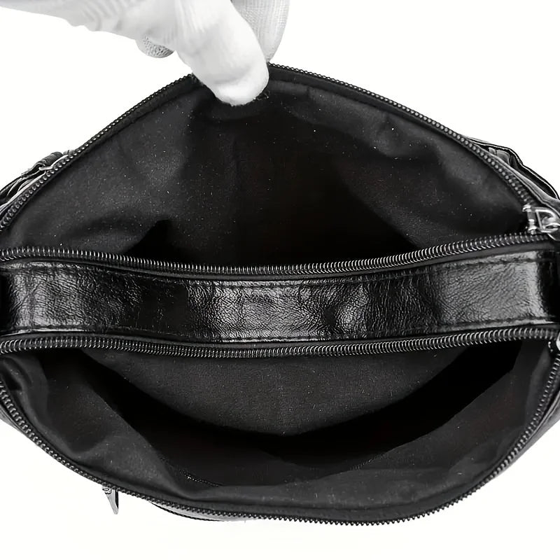 Multi-Zipper Vegan Leather Crossbody Bag with Adjustable Shoulder Strap