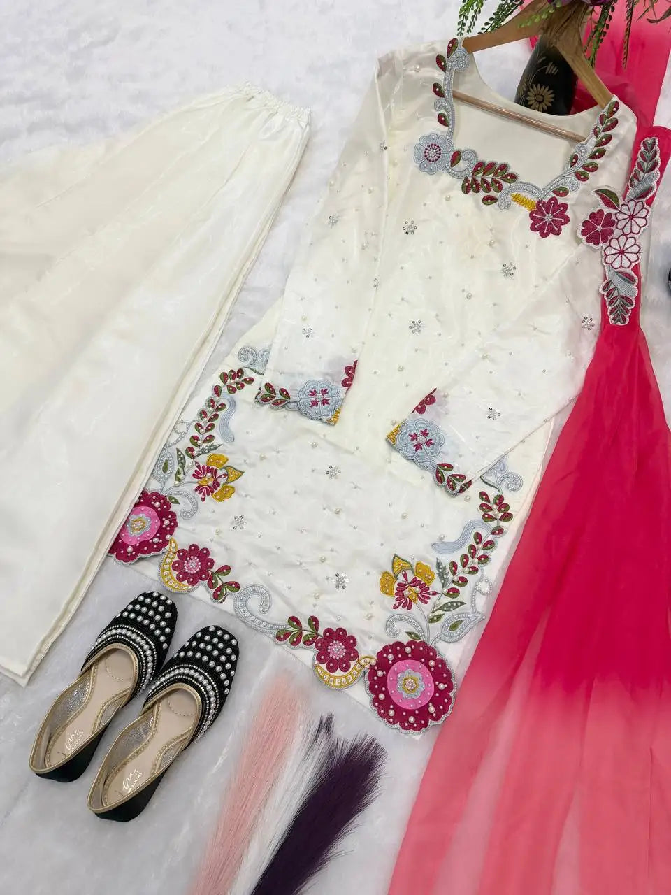 New Designer Party Wear Look SIlk Top ,Sharara Plazzo and Dupatta With Multi Embroidery And Moti Work Readymade Wear Wholesale
