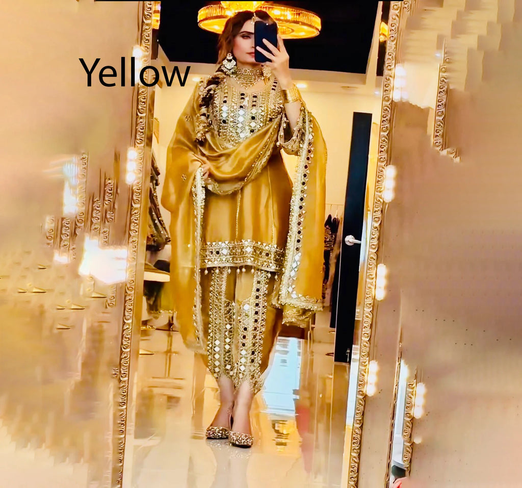 Yellow Traditional Indian Salwar Kameez Women Silk Ankle-Length Wedding Party Winter Loose Fit Stretchable Ethnic Pakistan India