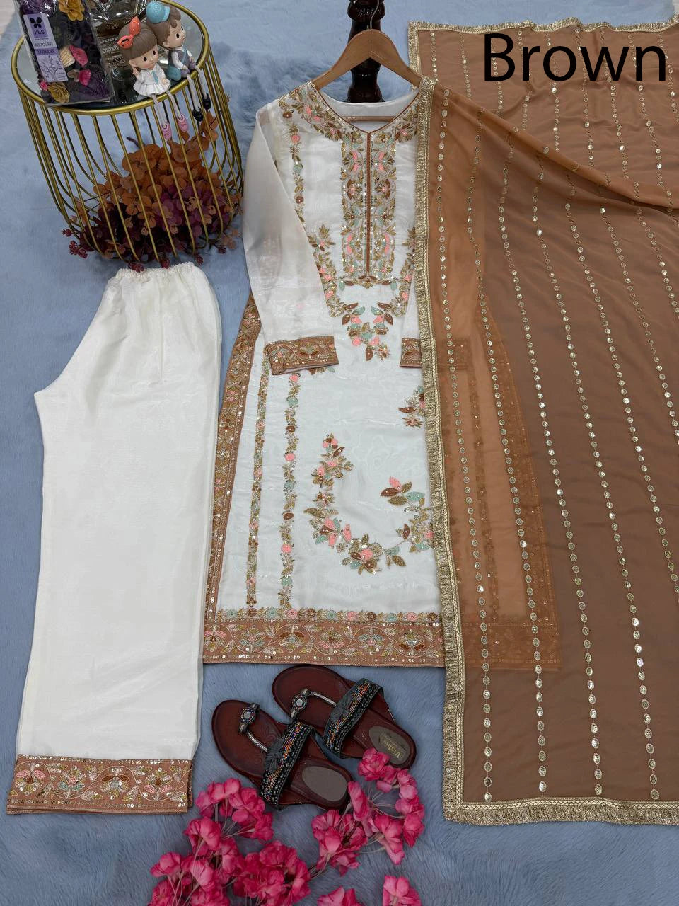 Heavy Embroidery Georgette with Moti Work and Full Sleeve Latkan Lace Border Indian & Pakistani Party Wear with Lace Border