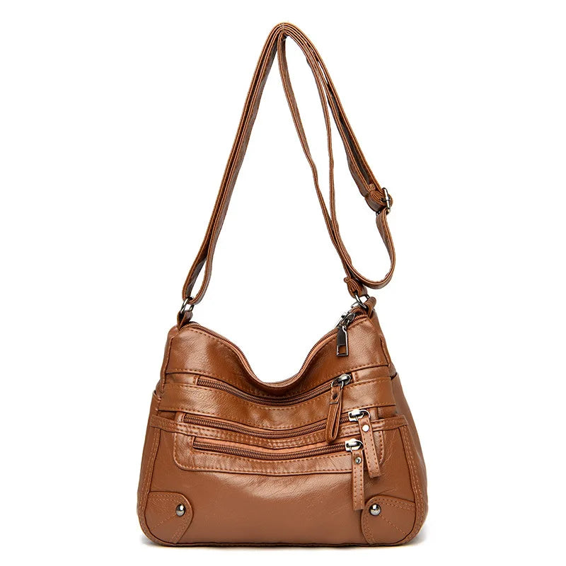 Multi-Zipper Vegan Leather Crossbody Bag with Adjustable Shoulder Strap