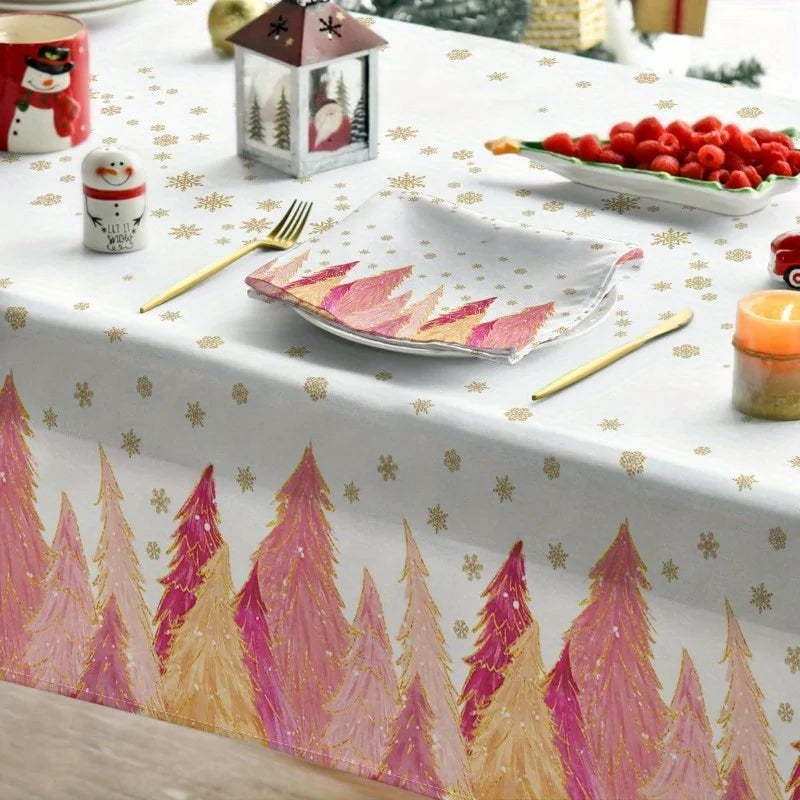 Christmas Pink Trees Golden Snowflakes Tablecloth for Table Decor Winter Xmas Kitchen Dining Table Cloth Christmas Decorations