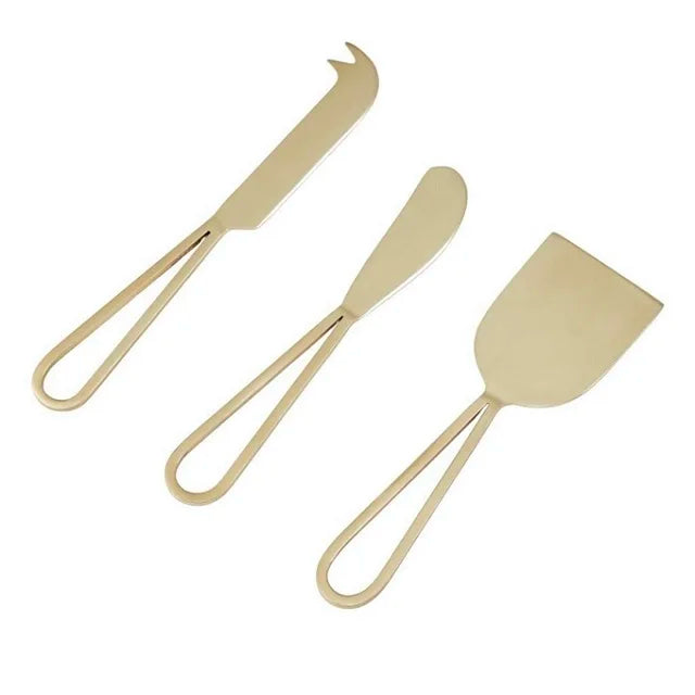 High Quality Stainless Steel Cheese Knife Set With Brass Leaf Handle Tableware Food Safe Dishwasher Safe Cheese Set Fork Spoon
