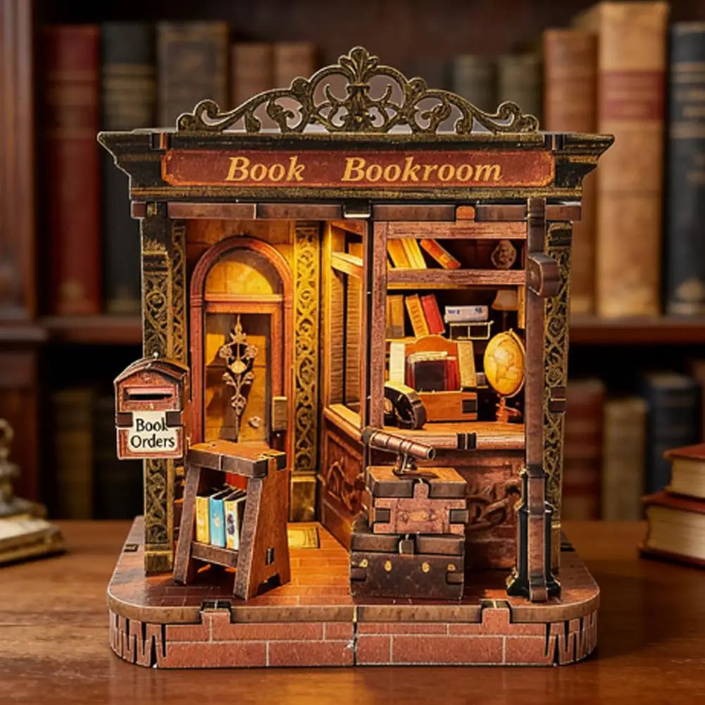 Creative Bookstore Desktop Decoration DIY Wooden Book Home Building Gift Mini Flower Shop Model For Adults With LED Lighting