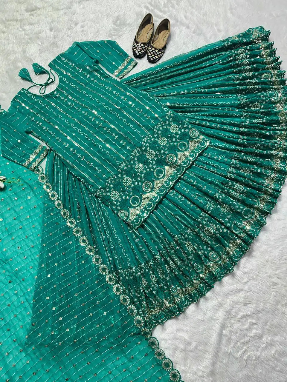 Readymade Traditional Ethnic Indian Pakistani Kurti & Dupatta Set, Silk With Embroidery Work Full Stitching Party Wear Lehenga