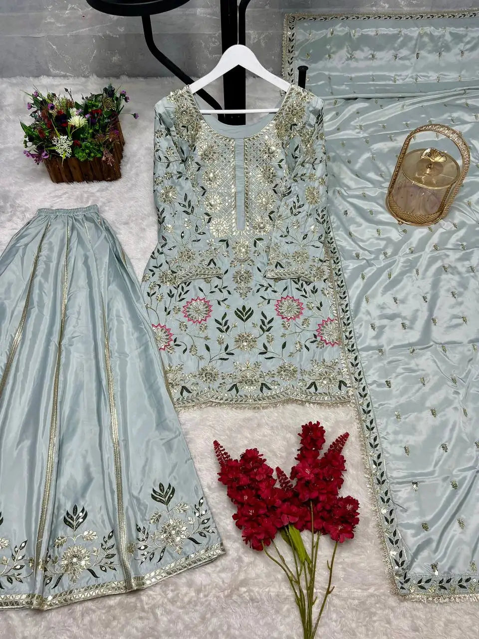Designer Heavy Pakistani Sharara Suit Set Beautiful Chinon Silk Fabric with Sequence Work New Winter Festival Party Wear Design