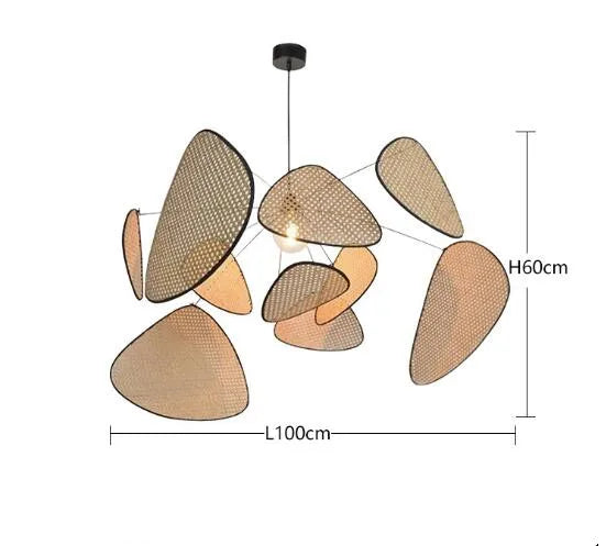 Hand-Woven Rattan Leaf Grid Chandelier E27 Wicker Pendant Lamp