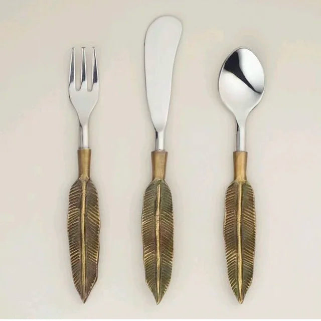 High Quality Stainless Steel Cheese Knife Set With Brass Leaf Handle Tableware Food Safe Dishwasher Safe Cheese Set Fork Spoon