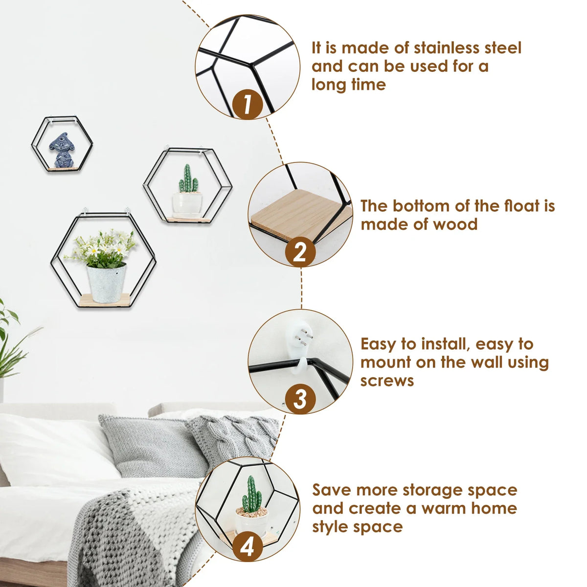 Set of 3 Hexagon Floating Wall Shelves