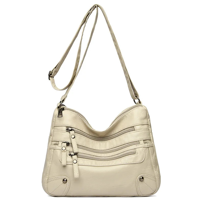 Multi-Zipper Vegan Leather Crossbody Bag with Adjustable Shoulder Strap