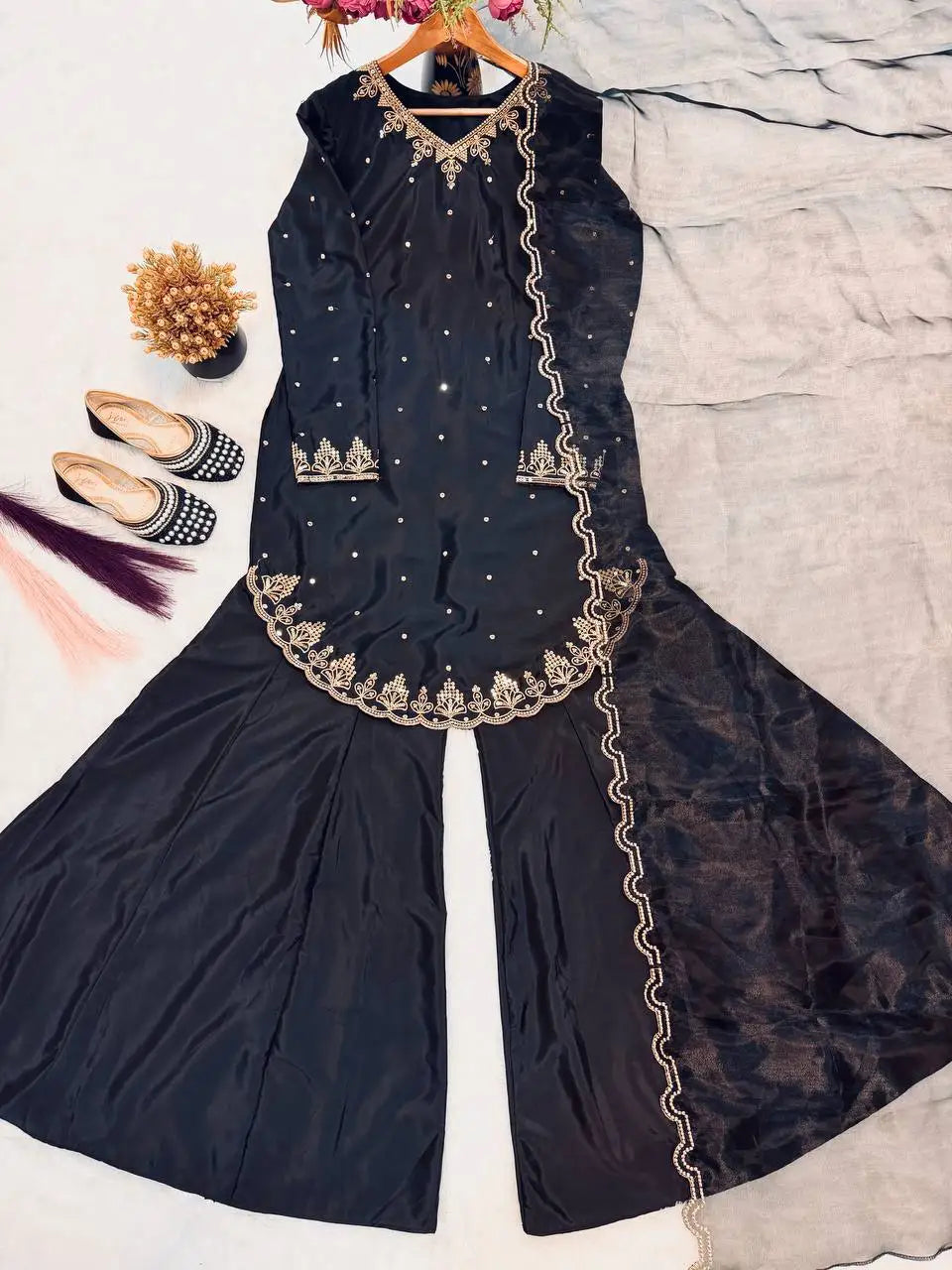 PinkCityBlocks Indian Sequin Embroidered Sharara Gharara Kurti Set Women's Special Occasion 3-Piece Stitched Georgette Fabric