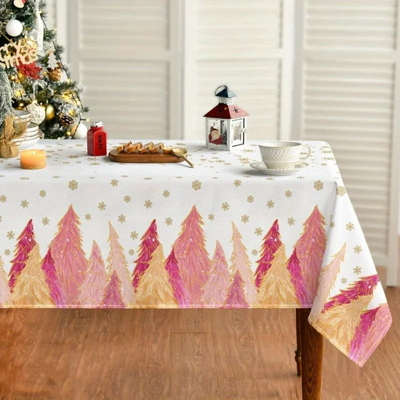Christmas Pink Trees Golden Snowflakes Tablecloth for Table Decor Winter Xmas Kitchen Dining Table Cloth Christmas Decorations
