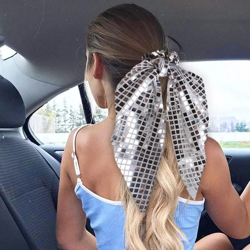 Glitter Sequin Bow Elastic Hair Bands with Ponytail Tie Scarf