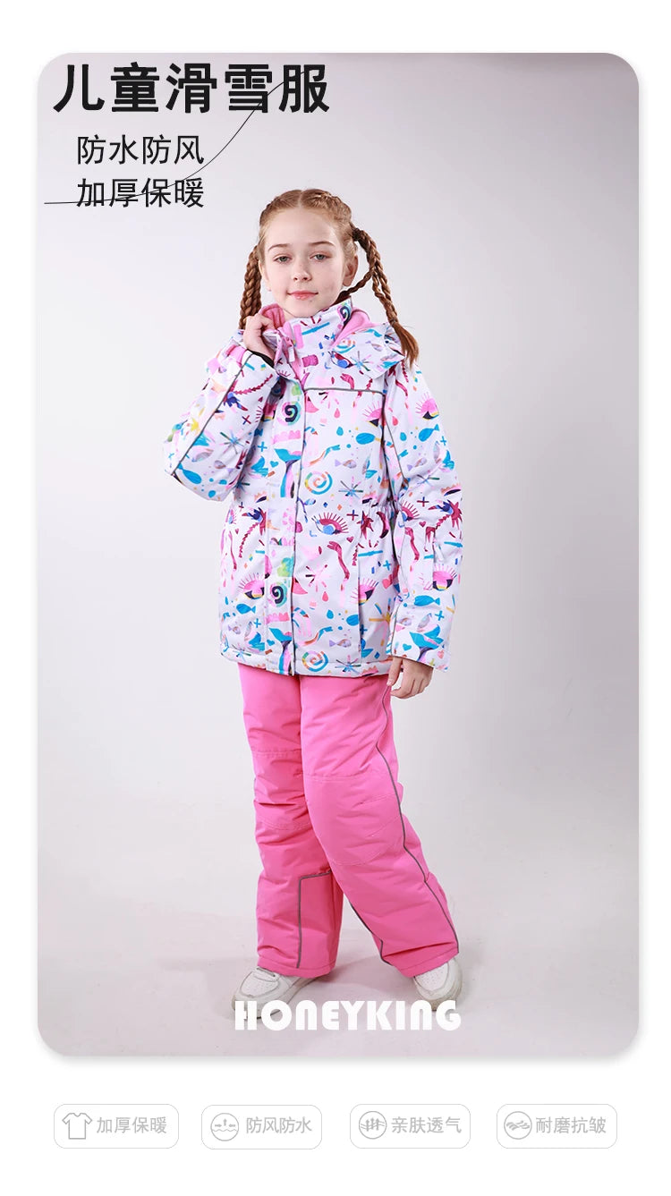 HONEYKING Kids Ski Outwear Winter Warm Windproof Outdoor Sports Snow Jackets Girls Snowboard Coat For Ski Clothing Equipment