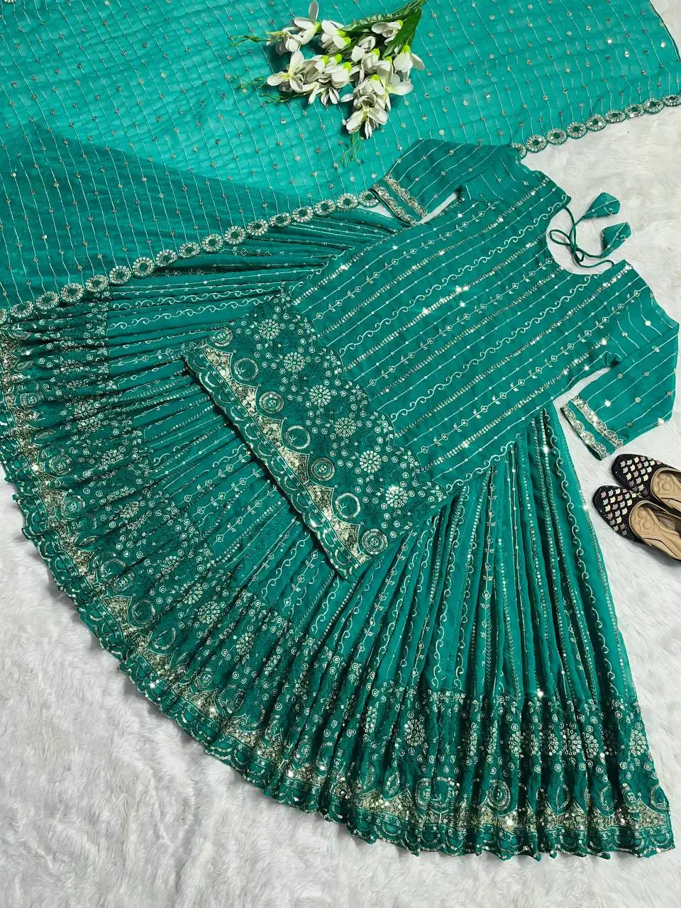 Readymade Traditional Ethnic Indian Pakistani Kurti & Dupatta Set, Silk With Embroidery Work Full Stitching Party Wear Lehenga