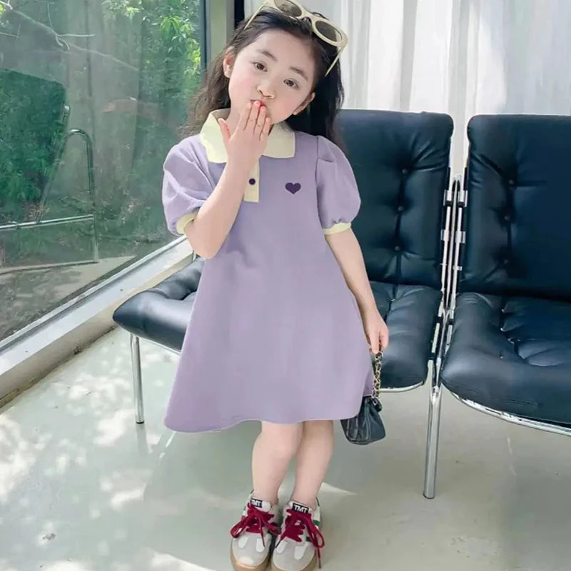 New Casual Teenagers Girls Dress Summer Princess Cartoon Heart Lapel Dresses For 2-12 Years Girl Children Birthday Present