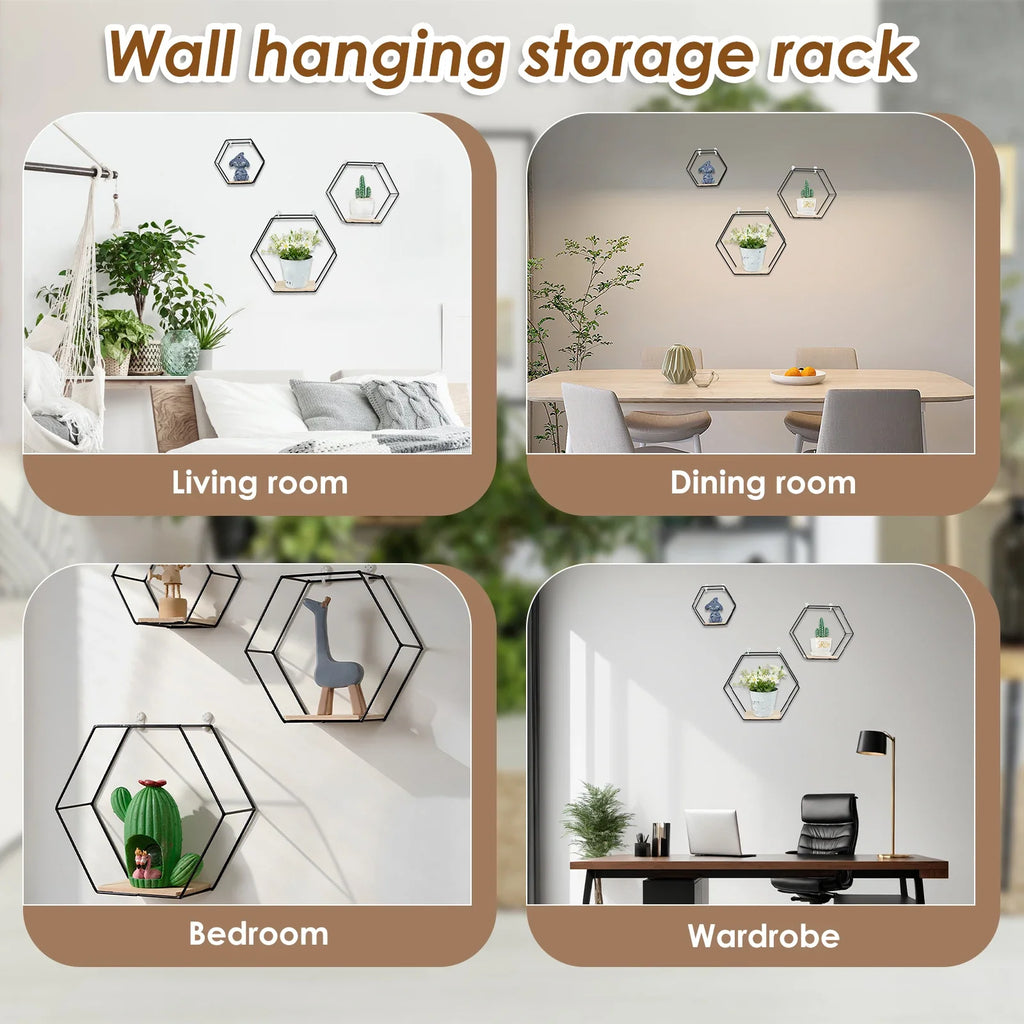 Set of 3 Hexagon Floating Wall Shelves
