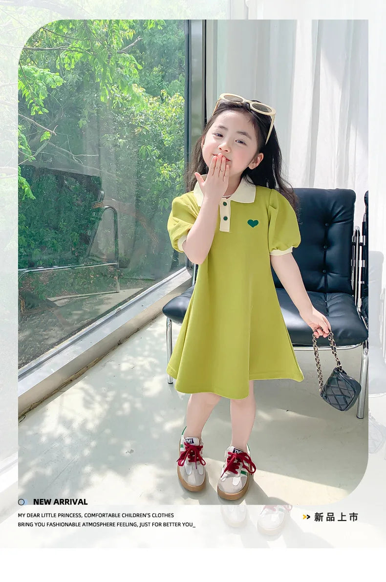New Casual Teenagers Girls Dress Summer Princess Cartoon Heart Lapel Dresses For 2-12 Years Girl Children Birthday Present