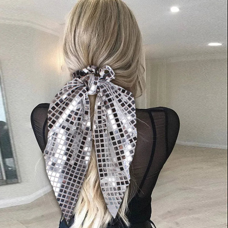 Glitter Sequin Bow Elastic Hair Bands with Ponytail Tie Scarf