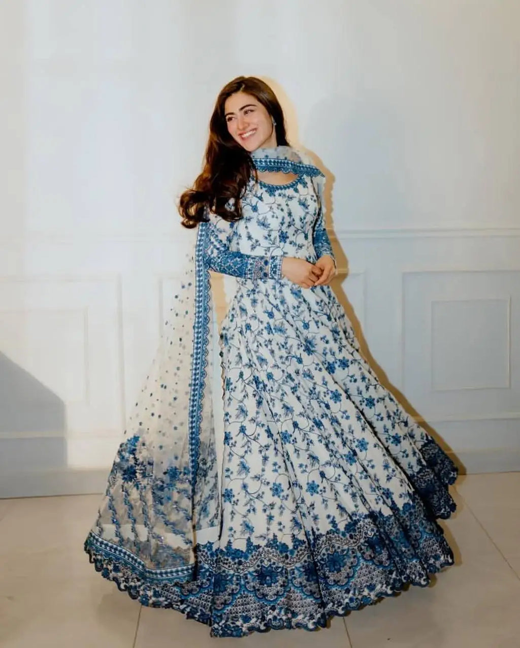 Readymade Indian Long Gown & Dupatta Set, Chiffon Fabric With Digital Print Work Full Stitching Party Outfit for Women and Girls