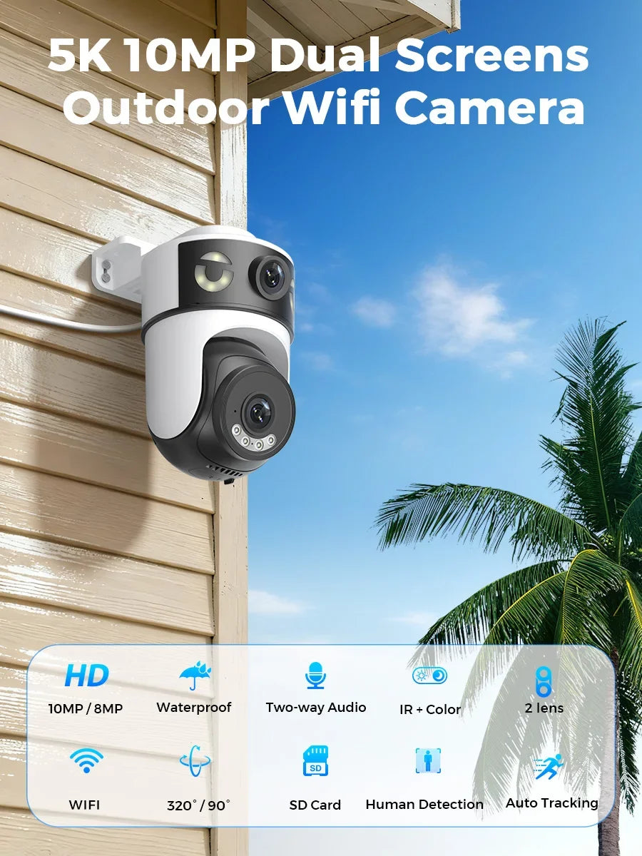 10MP 5K Dual Lens Dual Screen WiFi Security Camera with ICSEE App