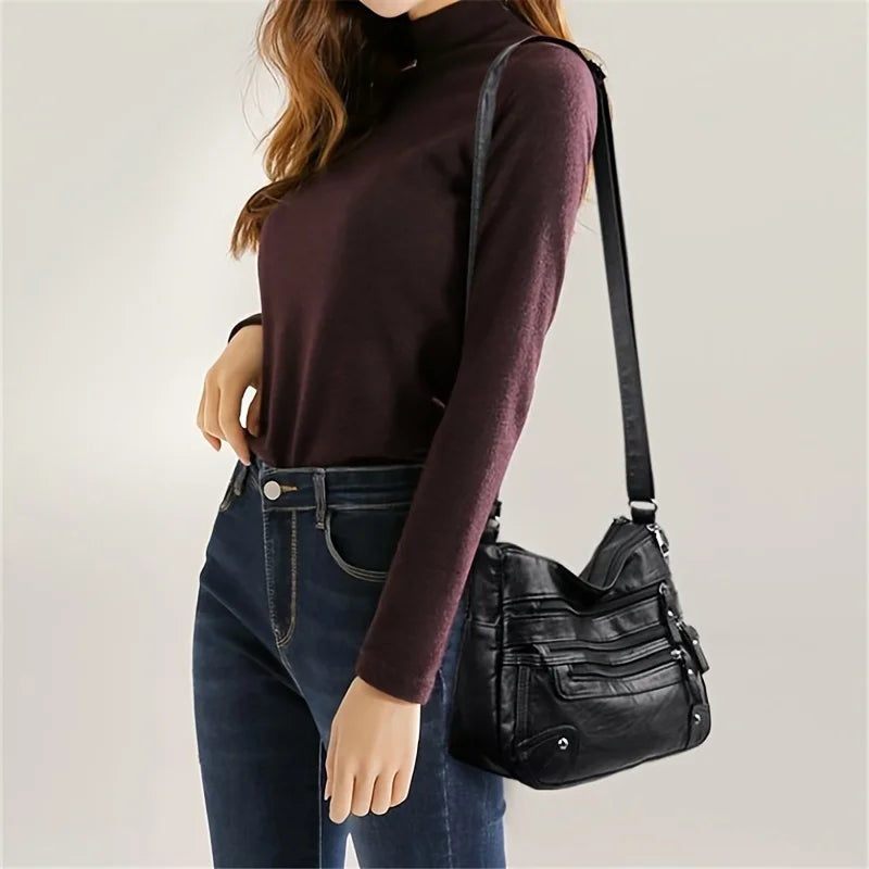 Multi-Zipper Vegan Leather Crossbody Bag with Adjustable Shoulder Strap