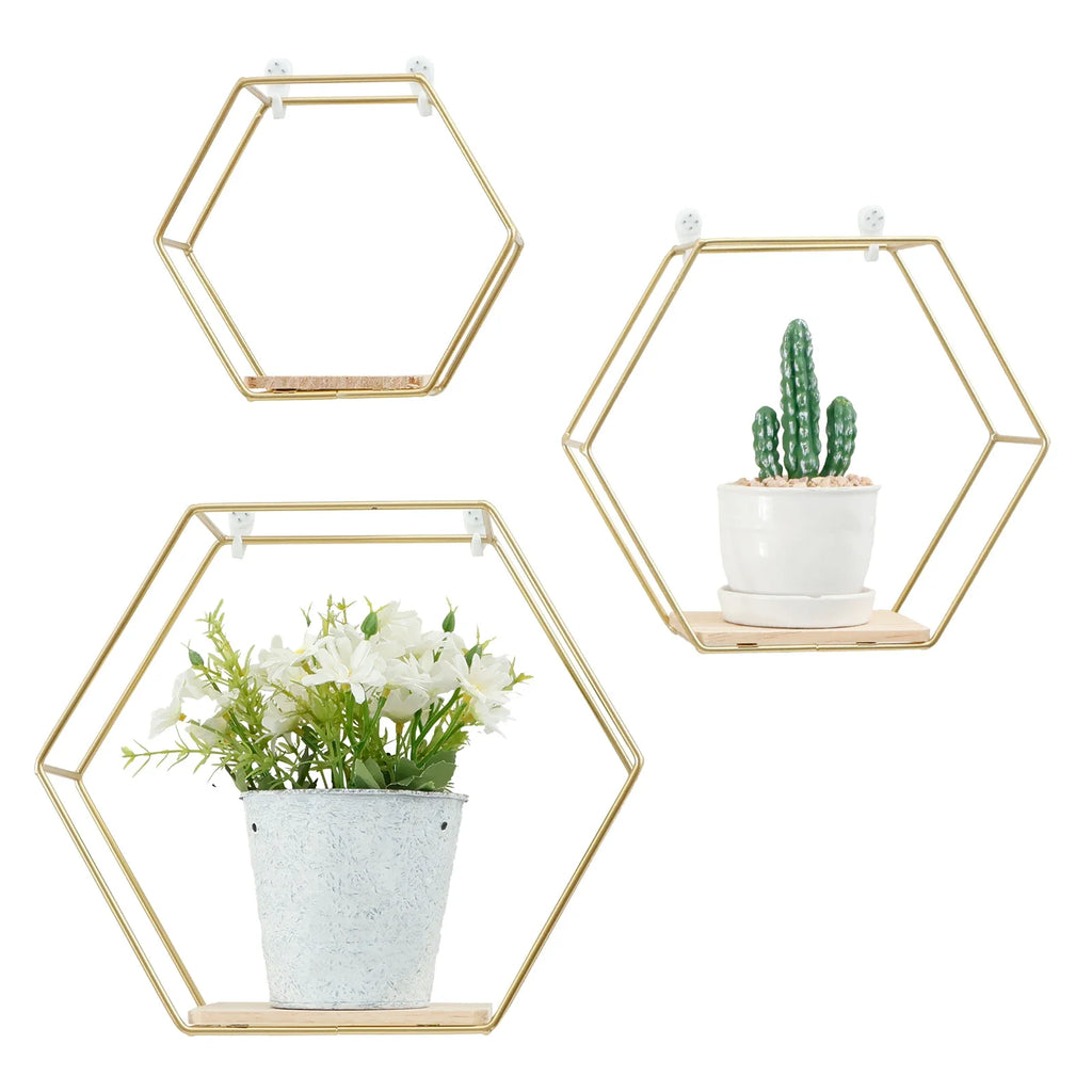Set of 3 Hexagon Floating Wall Shelves